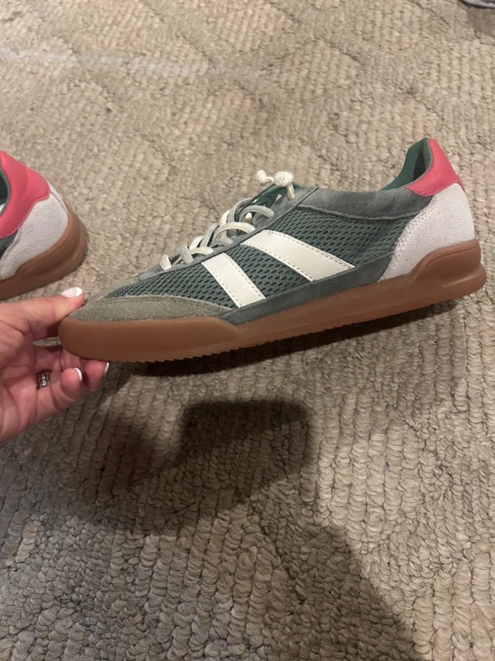 Steve Madden Olive Mesh & Suede Sneakers with Gum Sole and Pink Heel - Picture 8 of 10